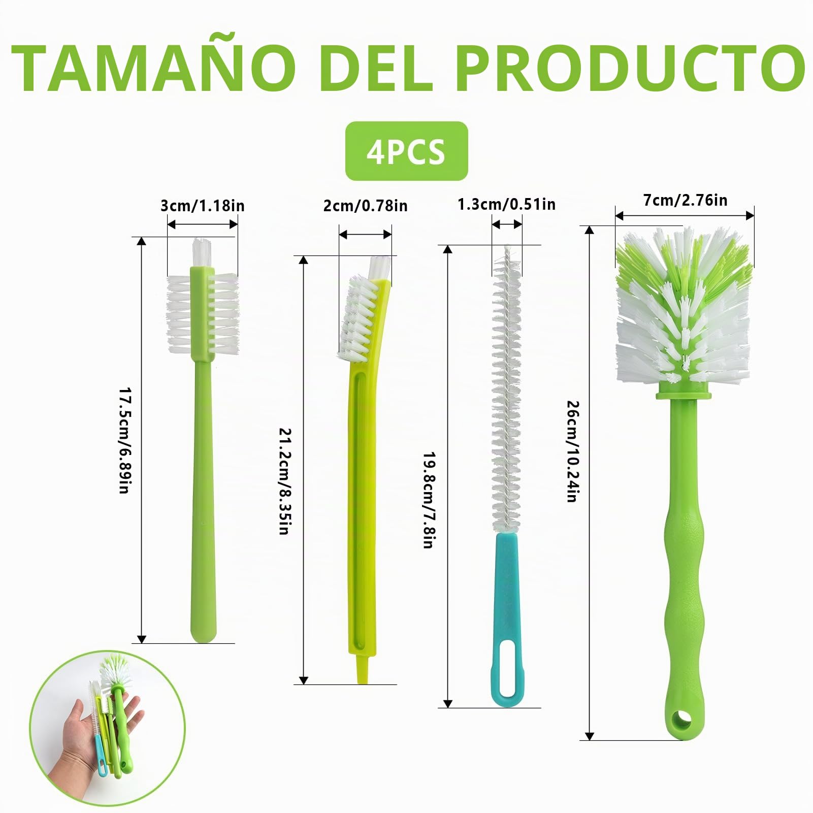 Cepillo de Limpieza para Botellas de 4 Piezas, Cerdas de Nylon Duraderas, Ideal para Botellas de Agua Deportivas, Teteras, Biberones y Teclados de Ordenador - Libre de y Ecológico