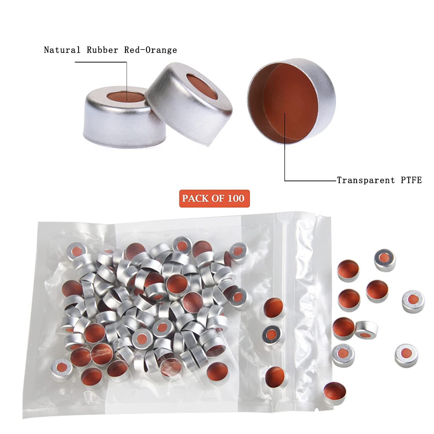 ALWSCI 100 Stücke Glasfläschchen 2mL Braunglasfläschchen Crimp Neck Vials ND11, 11mm Breite Öffnung, Offener Bördelverschluss mit Transparentem PTEF/Naturkautschuk Rot-Orange Septa