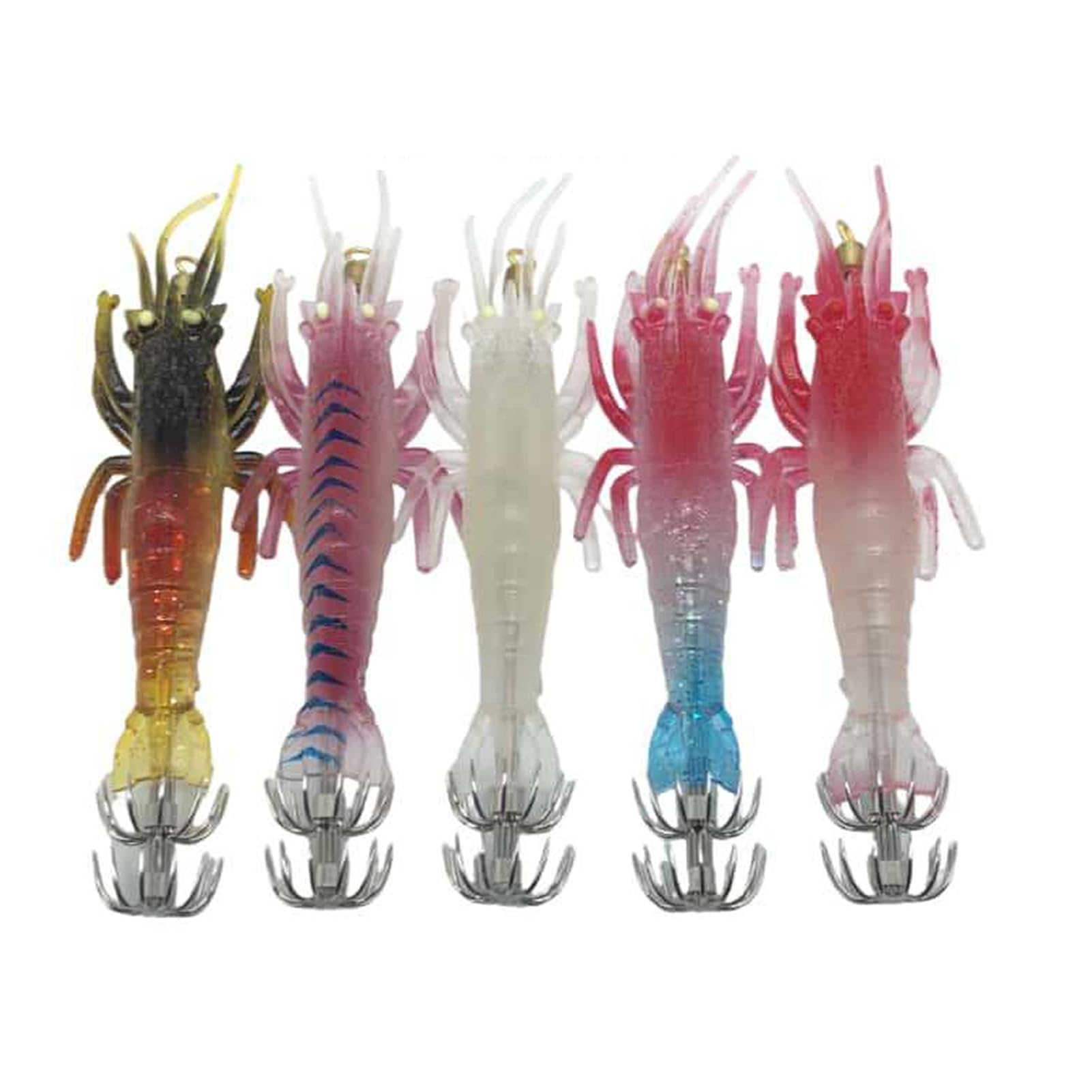 Juego de Anzuelos de Calamar Luminosos, Firmes y Fuertes para Pesca Nocturna, Señuelo de Camarón Brillante de PVC, 5 uds. Señuelos de Pesca de Pulpo de Sepia para Agua Dulce o Salada