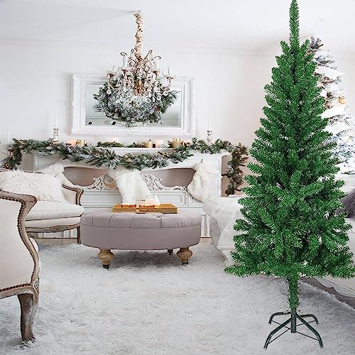 Mtb 5 Feet Hinged Pencil Artificial Christmas Tree With Foldable Metal Stand, 300 Tips Recycled Pvc Plastic, Green #TOP2