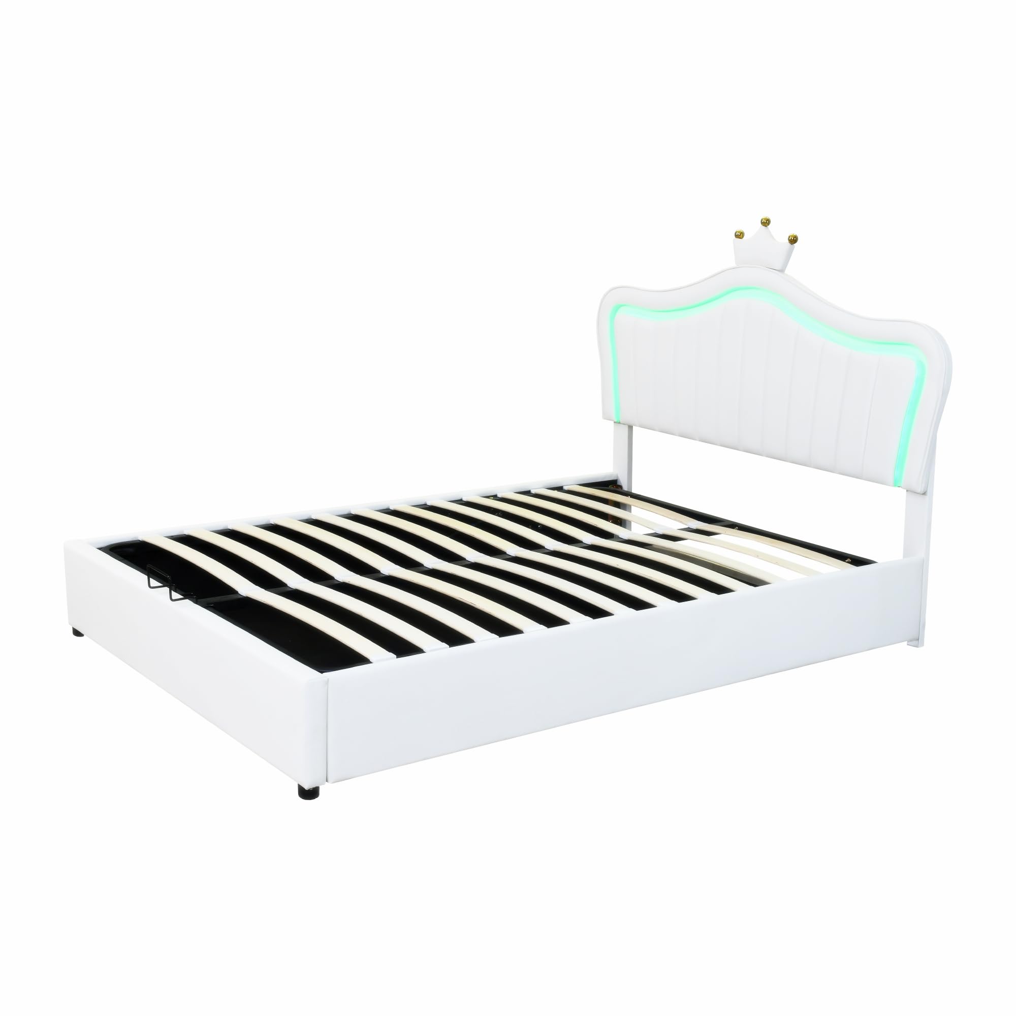 Shye Lettino imbottito per bambini, letto idraulico, struttura singola con corona rosa, in pelle PU con luci, rete a doghe e schienale, 140 x 200 cm (bianco)