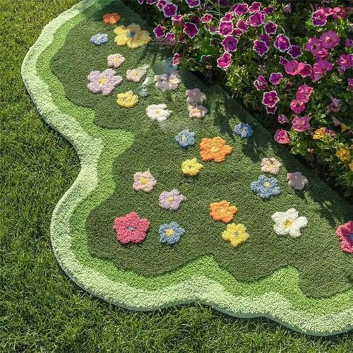 Tapete decorativo verde con diseño floral y base antideslizante