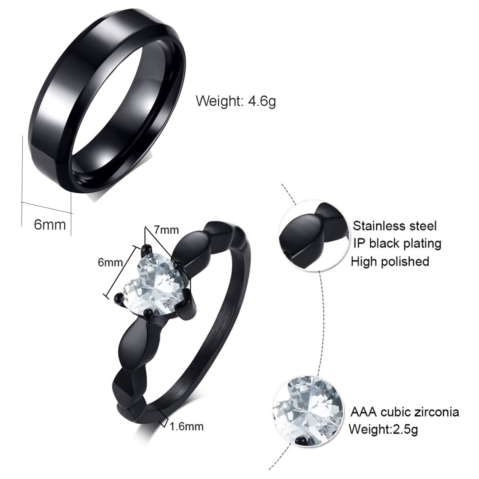 Partnerketten mit Gravur aus Edelstahl mit Gravur „Ich Liebe Dich“, Herz Partnerketten Wunschtext 2 Stück mit Ringen Anhänger mit Zirkonia weiß, schwarz, Breite 6 mm, Länge