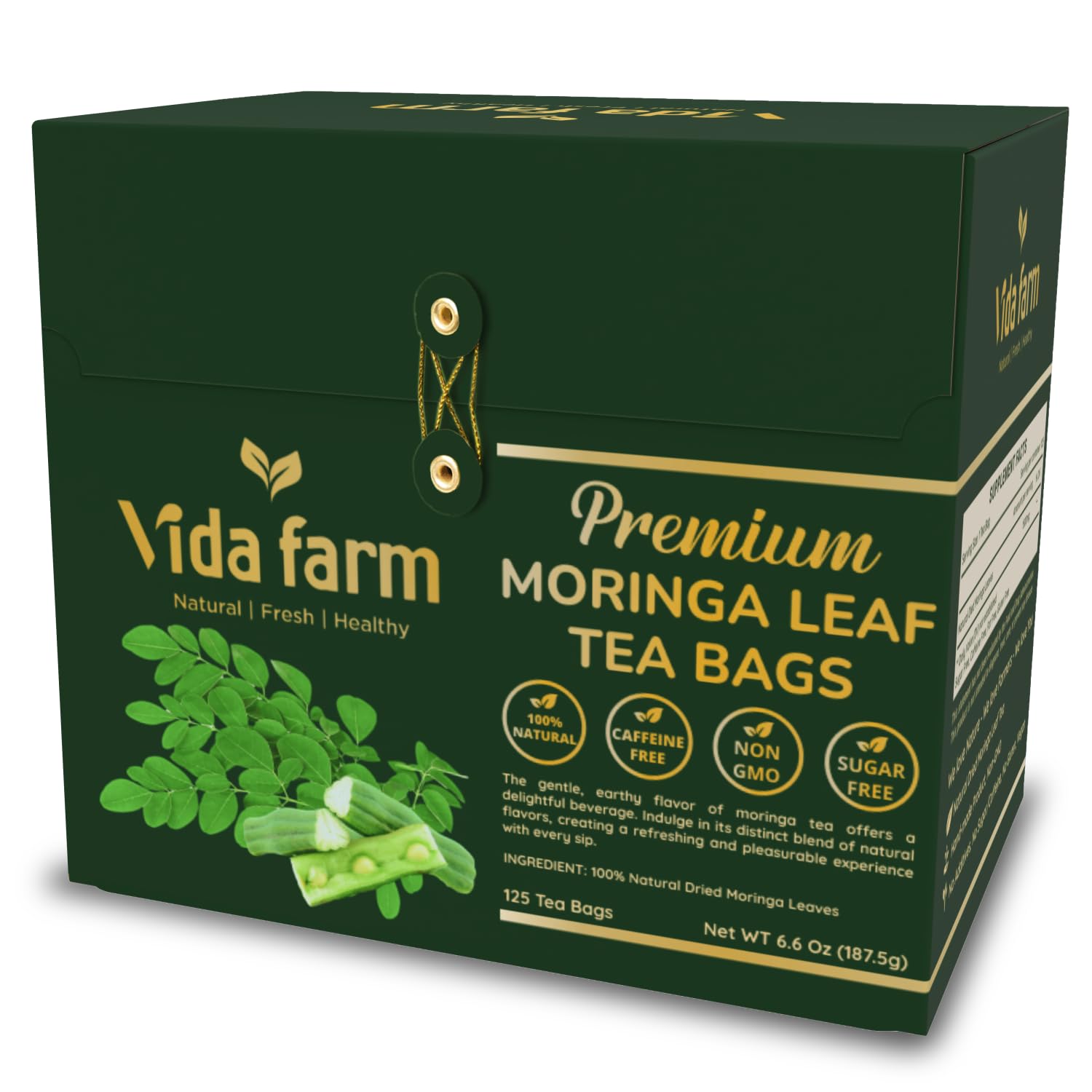 VIDA FARM 125 Premium Moringa Tea Bags, 100% Natural Pure Moringa Leaves: No Caffeine, No Sugar, No Gluten, Vegan