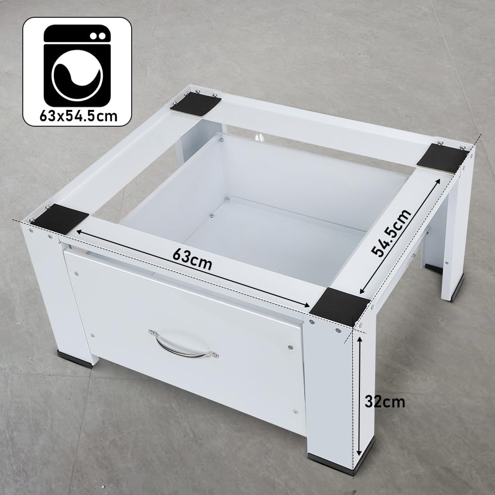 Base in acciaio per lavatrici con cassetto, fino a 150 kg, stabile base per lavatrici con cuscinetti antiscivolo, telaio rialzo per asciugatrice, frigorifero, bianco, 64 x 54,5 x 32 cm
