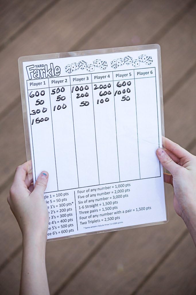 YARD FARKLE SCORE CARDS with Rules on the back- Laminated Farkle Score Card, Reusable Score Card, Size- 8.5" x 11" (FIVE Farkle Score Cards)