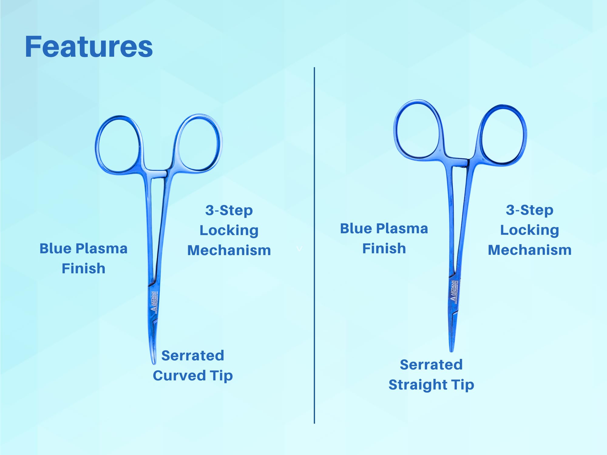 ARTMAN INSTRUMENTS Hemostat Forceps Curved & Straight 5” – Stainless Steel Locking Clamps for Fishing, Fly Tying, Crafts, Dental & Medical Use Serrated Jaws, Precision Grip Blue Plasma (2 Pack) — Amazon image 3