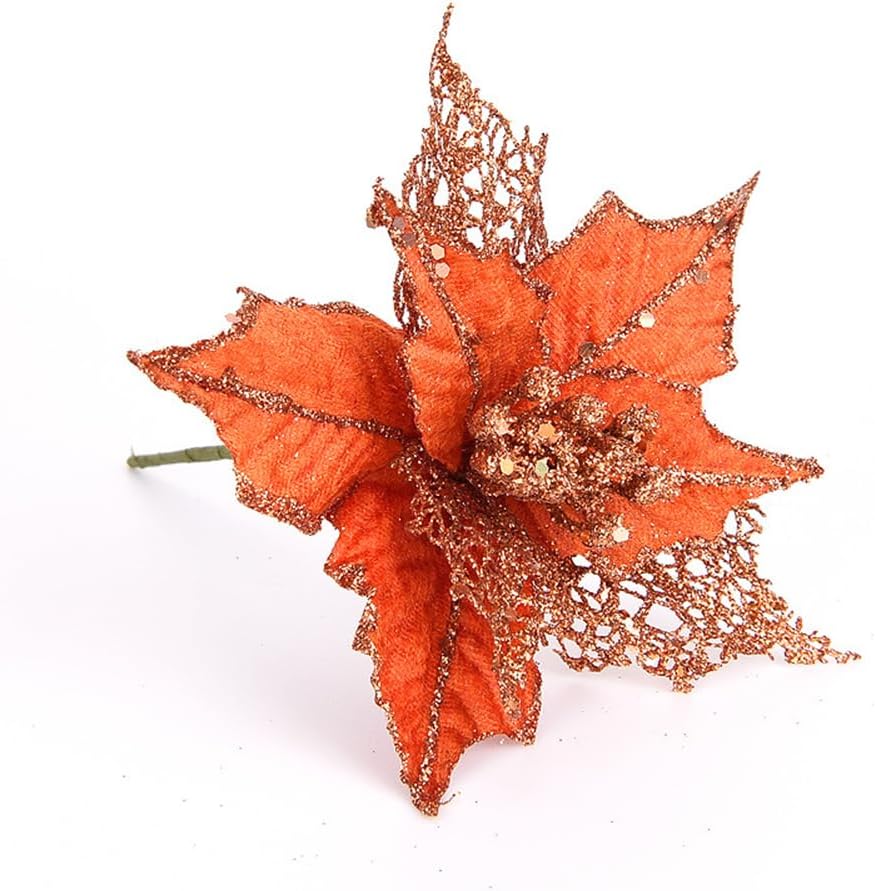 vctops 10 Pcs Orange Poinsettias Artificial Christmas Flowers 6.3" Glitter Poinsettia Faux Flower DIY Xmas Tree Decoration Wreath New Year Wedding Home Holiday Party Ornament,Orange B