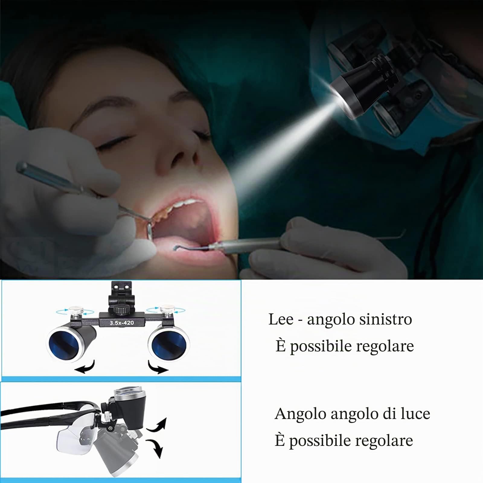 Lenti d'Ingrandimento Dentali 2,5X / 3,5X, Lenti d'Ingrandimento Binoculari Chirurgiche + Luce Frontale A LED da 5W, Portatili Ultraleggere, Attrezzatura da Laboratorio per Dentista,Blue-3.5X