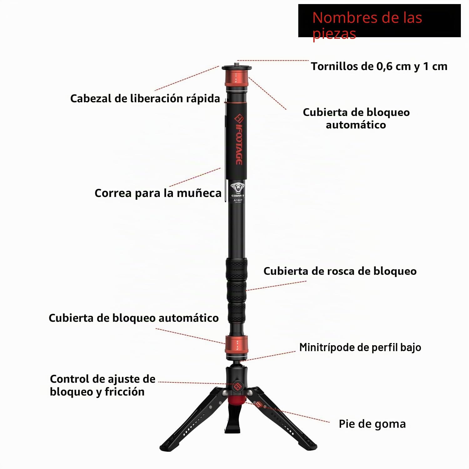IFOOTAGE Cobra 3 A180T,3-en-1 Cámara Monopod Telescópico Video Monopod Fotografía Profesional Trípode Monopod Adecuado para Cámaras SLR y Videocámaras Aluminio 180cm