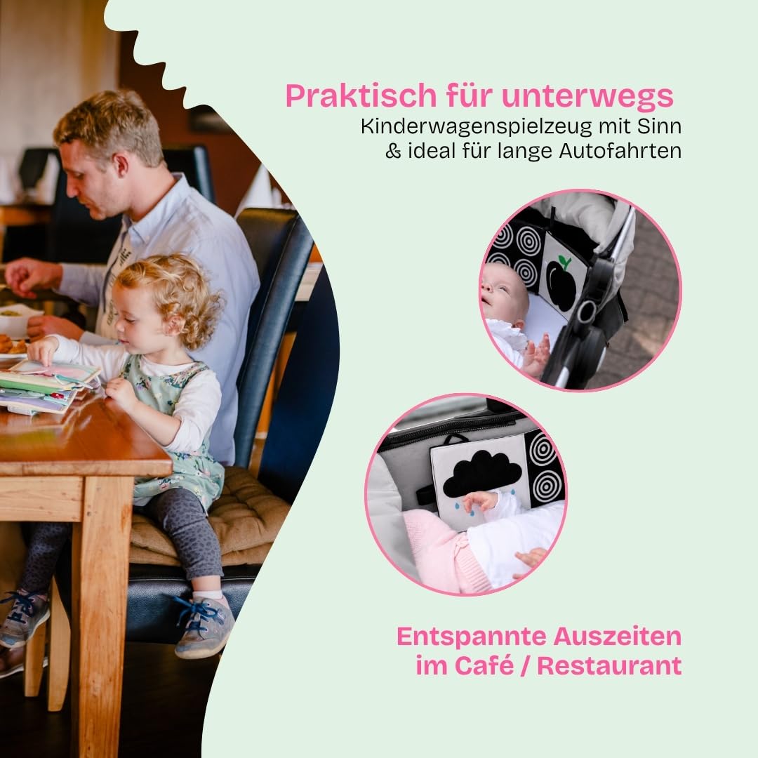 Jolly Designs Black & White Jumbo – Kontrastbuch ab Geburt, Schwarz-Weiß-Buch für Babys, 10 Seiten mit starken Kontrasten & Farbakzenten, Stoffbuch für visuelle Wahrnehmung, 20 × 20 cm
