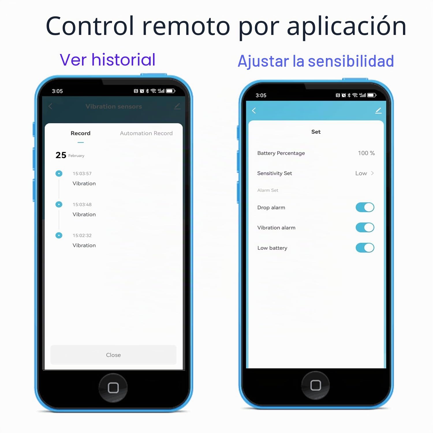 Sensor de vibración Inteligente: Detector de Rotura de Vidrio inalámbrico, Alarma de Puerta WiFi con alertas de aplicación, sensibilidad Ajustable, Sensor de Seguridad para Sistema de Alarma -2Pack