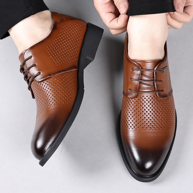 Dress Shoes for Men Lace Up Pointed Burnished Toe PU Leather Cap Toe Breathable Anti-Slip Rubber Sole Non Slip Classic(Brown,8.5)2
