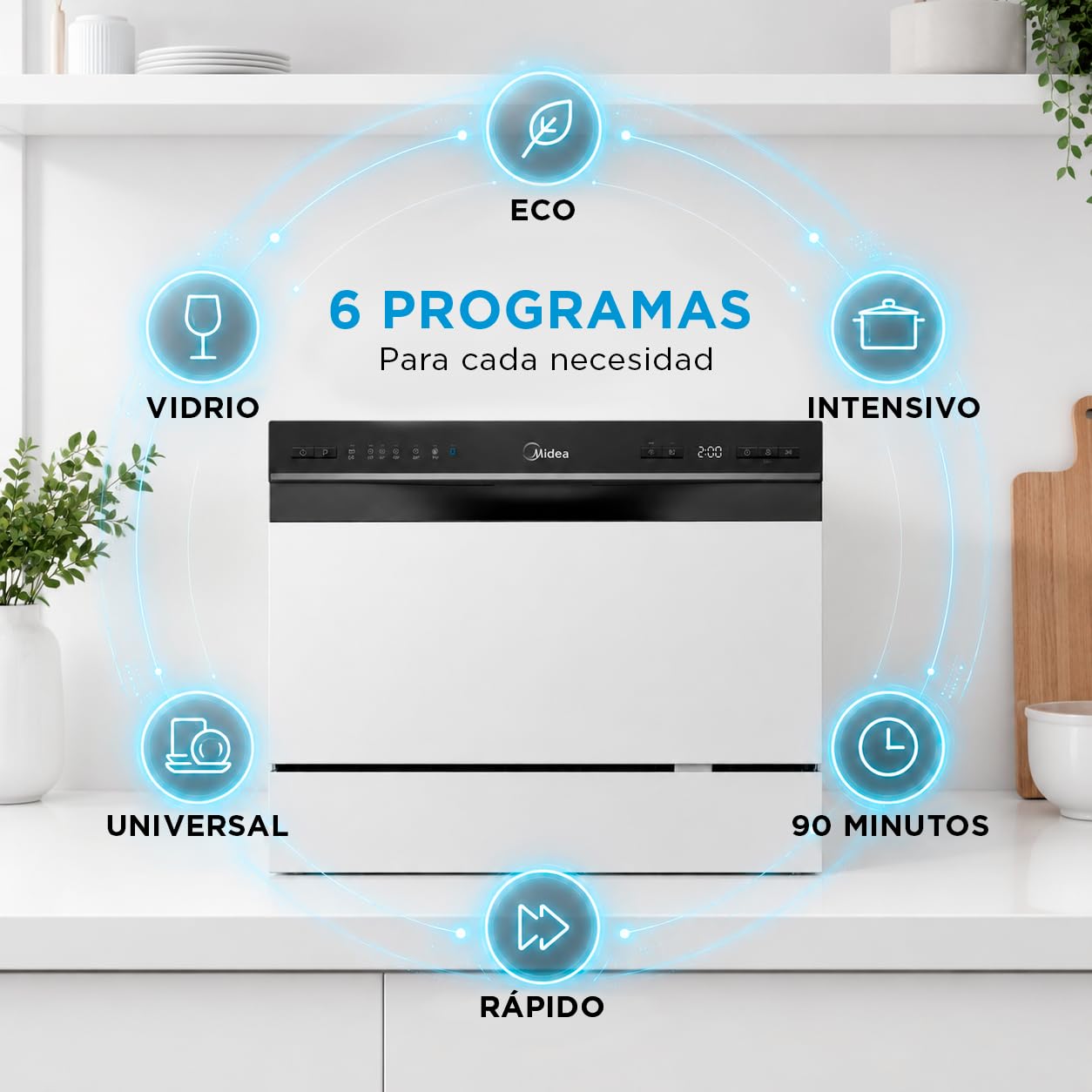 Midea Mała zmywarka, biała, 55 cm, dla 6 osób, kompaktowa i przenośna, bez instalacji, zmywarka z aplikacją Control, 6 programów, filtr antybakteryjny 49 dB, nowy model