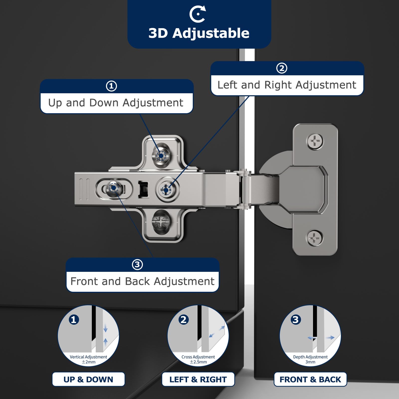 Furniware Pack of 4 Soft Close Hinges - 3D Adjustable Nickel Concealed European Cabinet Hinges, 4 Pieces, Full Overlay - Image 4