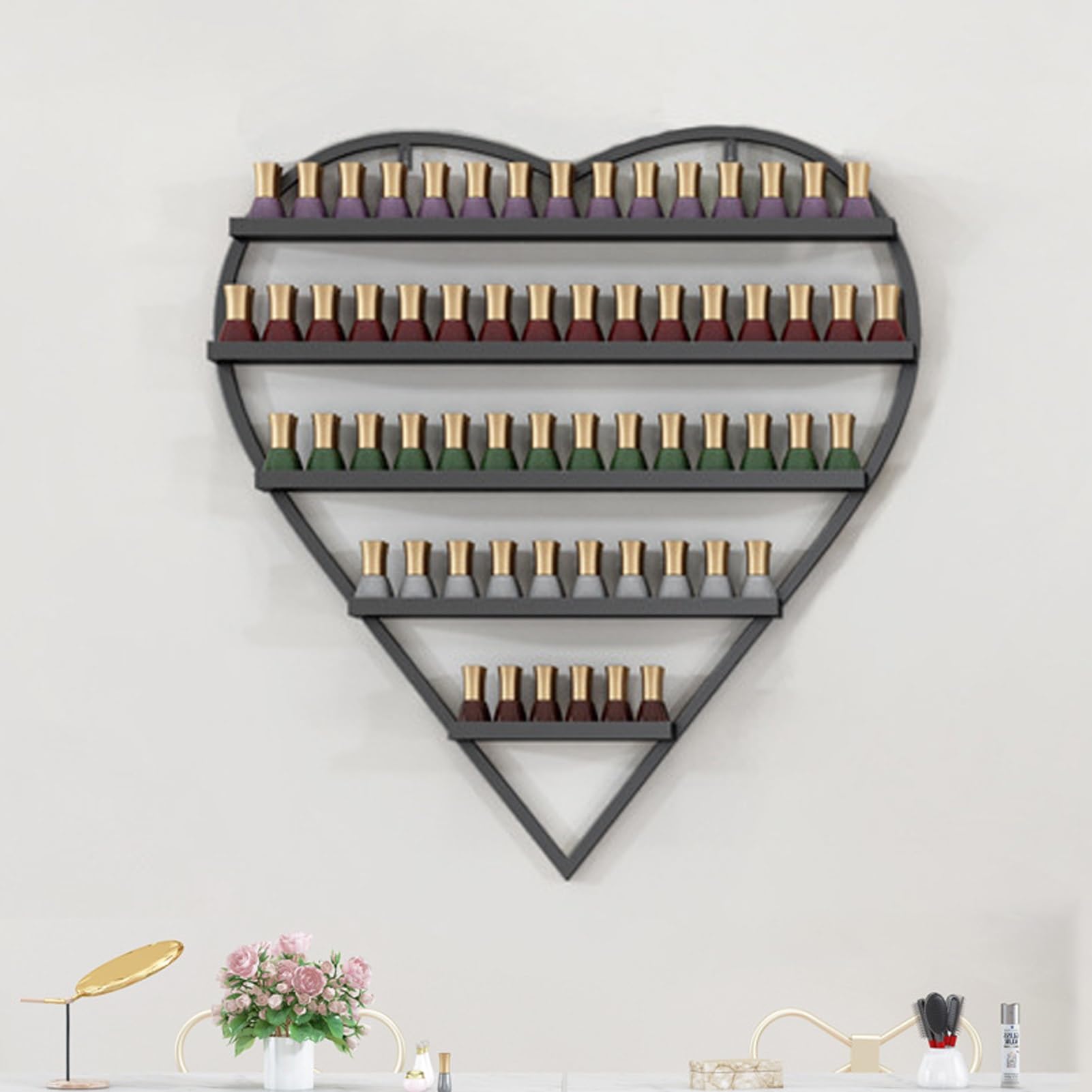 Estantes de Pared para Esmalte de uñas de Metal en Forma de corazón, Estante exhibición Esmalte Pared, Organizador de Esmalte de uñas de 5 Niveles, para Esmalte de uñas(Black,1 Set)