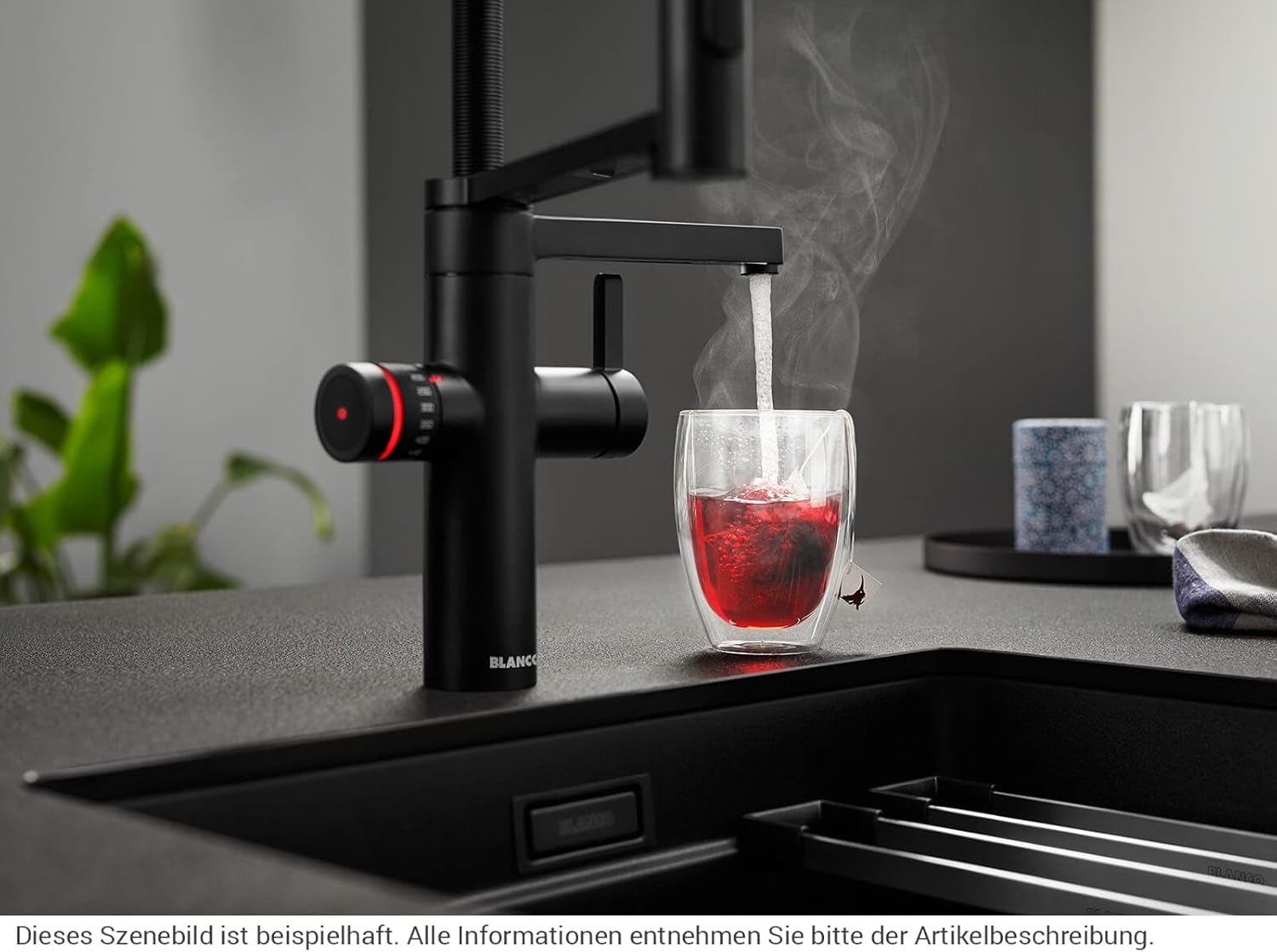 BLANCO drink.hot EVOL-S Pro dispensing boiling water into a tea cup