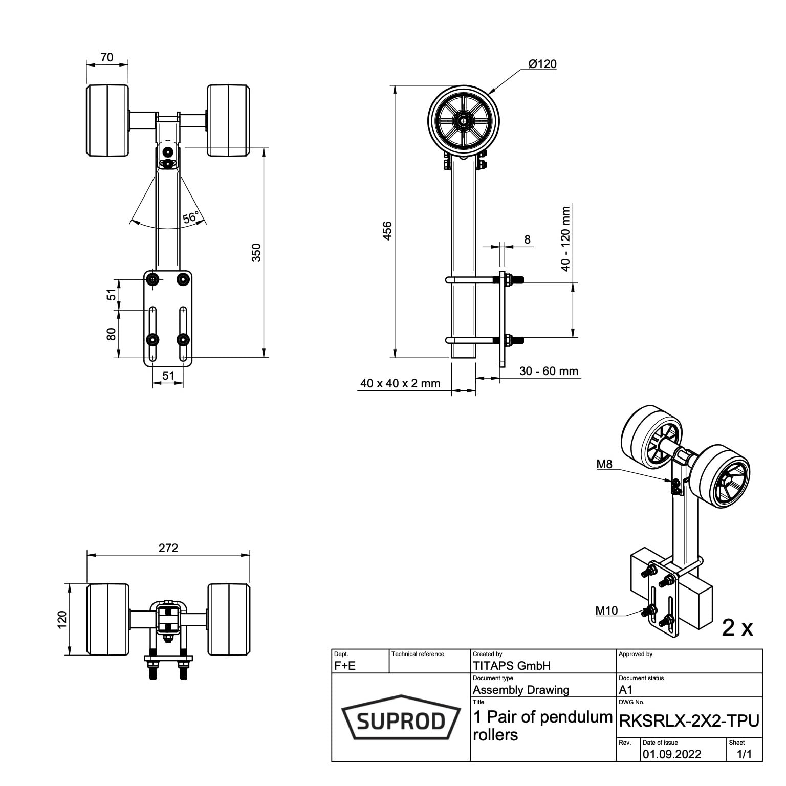 SUPROD 2 Fois Rouleaux pendulaires Aide à la Mise à l'eau remorque pour Bateau TPU RKSRLX-2X2-TPU, Ø 120 mm