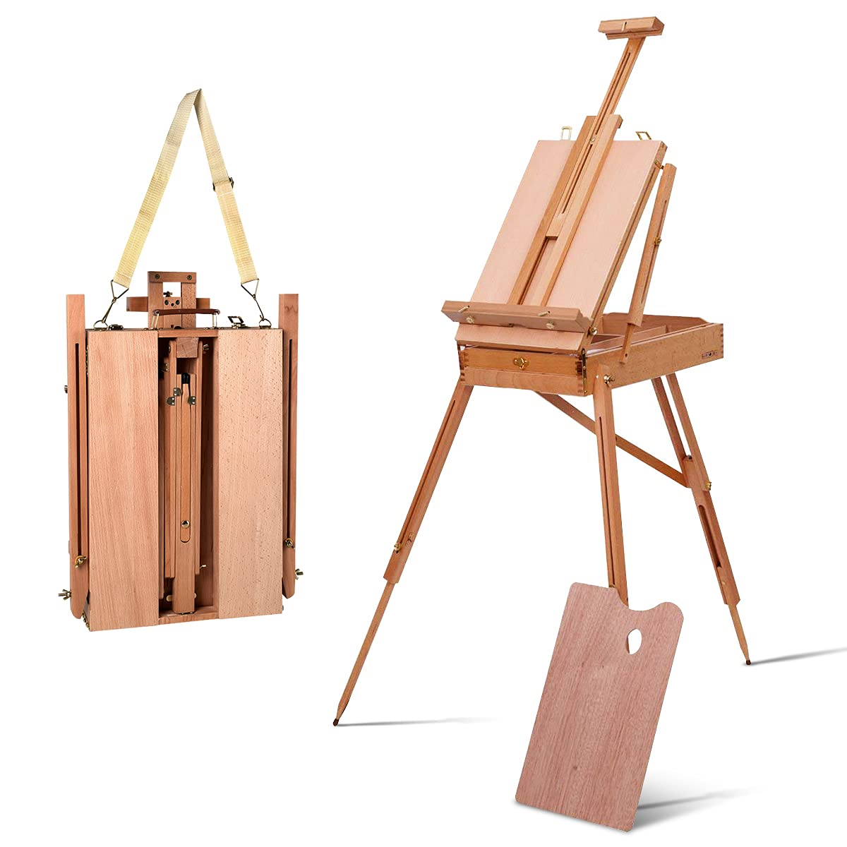 Relax4life Chevalet d'artiste Trépied en Bois Massif Hauteur Réglable 114-183cm avec Tiroir et Sangle, Support de Chevalet Convertible en Boîte Portable pour Artiste, Étudiant et Débutant, Marron