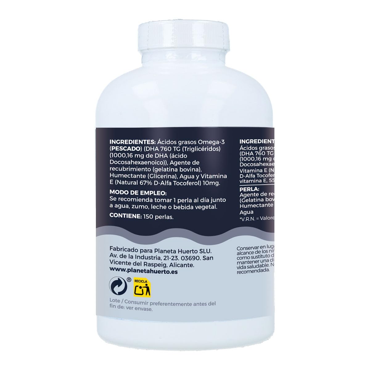 PLANETA HUERTO | Omega 3 DHA 1000 mg 150 Perlas - Omega 3 Alta Potencia para la Salud Cerebral, Visual y Fetal