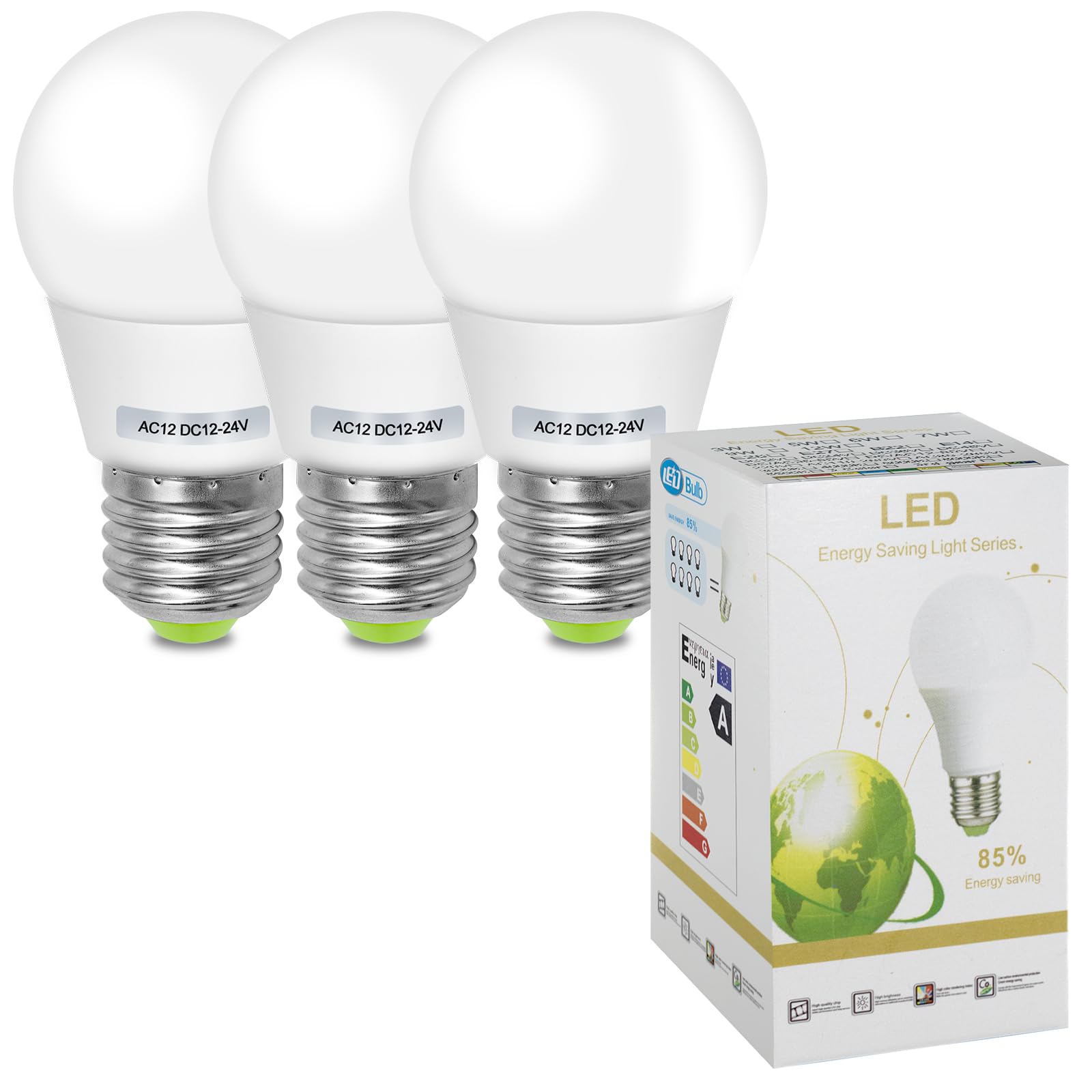 TZHILAN 7W E27 LED Light Bulbs, 12V Warm White Equivalent 70W E27 Edison Screw Energy Saving Bulb Solar Lighting System AC 12V/ DC12-24V Low Voltage 3000K (3 Pack)