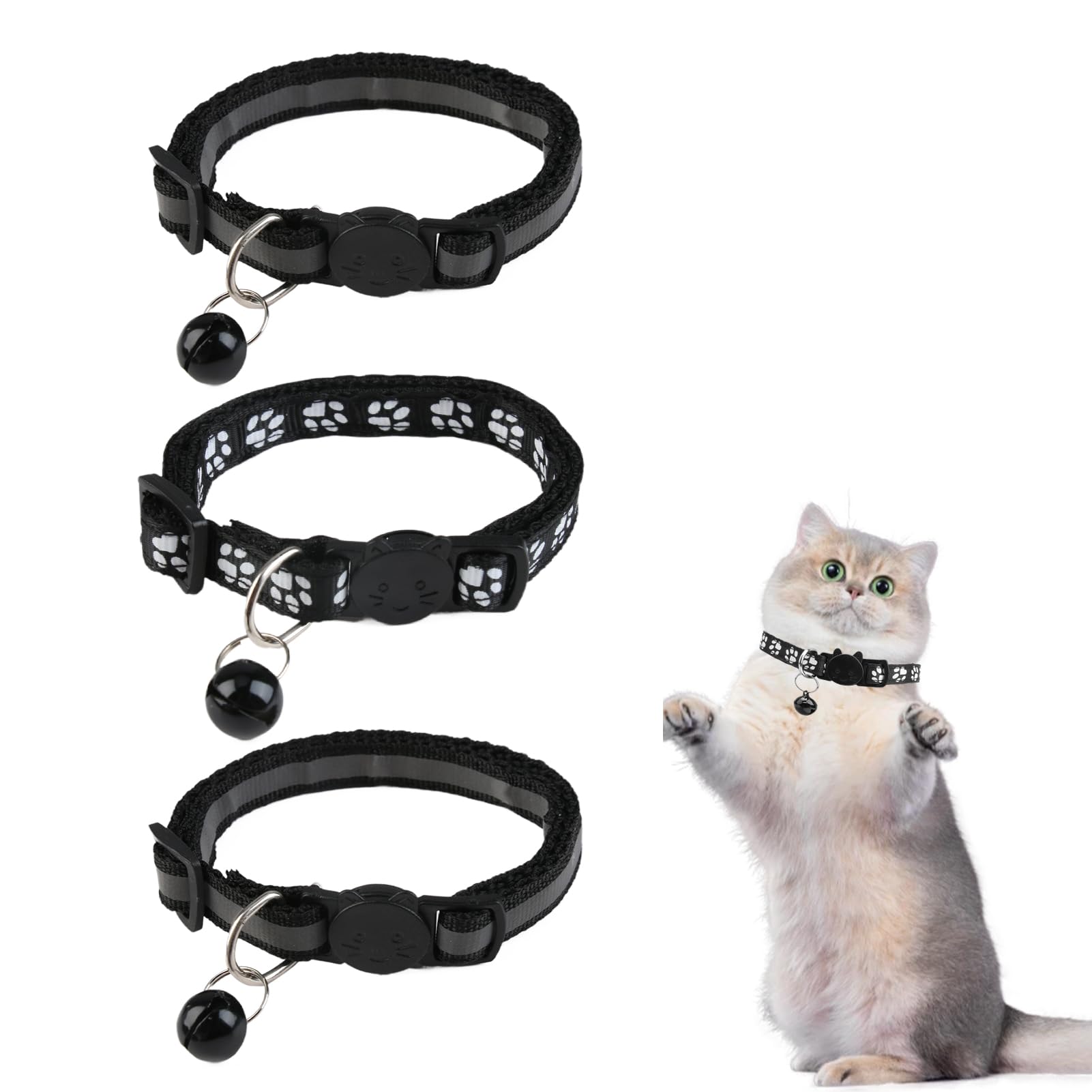 3 Piezas Collar de Gato Personalizado, Ajustable Collares Collar Gato Antiahogo Reflectante con Cascabeles y Hebilla Seguro de Liberación Rápida para la Mayoría de Los Gatos, 19-32 cm Negro