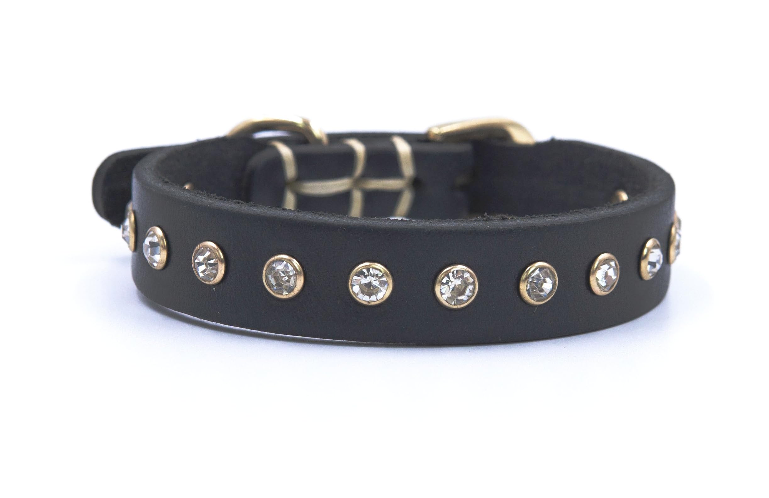 YUDOTE Genuine Classic Black Leather Dog Collar with Bling Rhinestones, Stylish Puppy Collars for Small Dogs