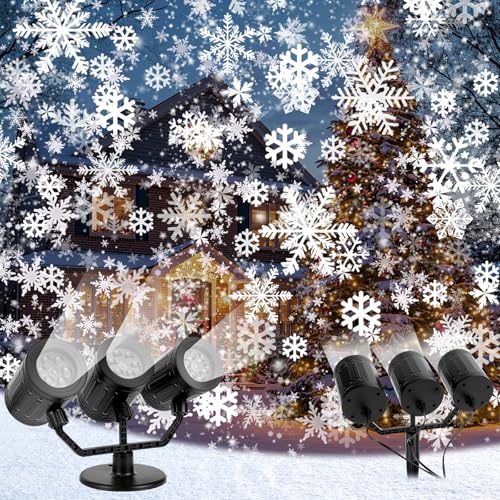 Charmofun Projecteur de Noel Exterieur, 3 Têtes Projecteur de Flocons de Neige Dynamique IP44 Étanche, Temporisé, Déco Lumineuse Noël pour Intérieur,...