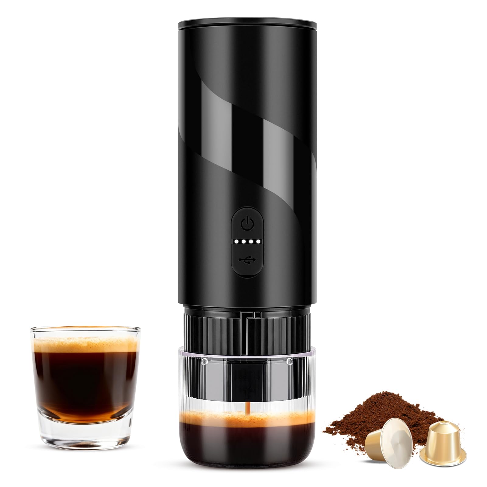 Cafetera Portátil, Depósito de 100 ml, Impermeable IPX5, 20 bar, Compatible con Cápsulas Nespresso Original y Café Molido, para Coche, Campamento y Oficina