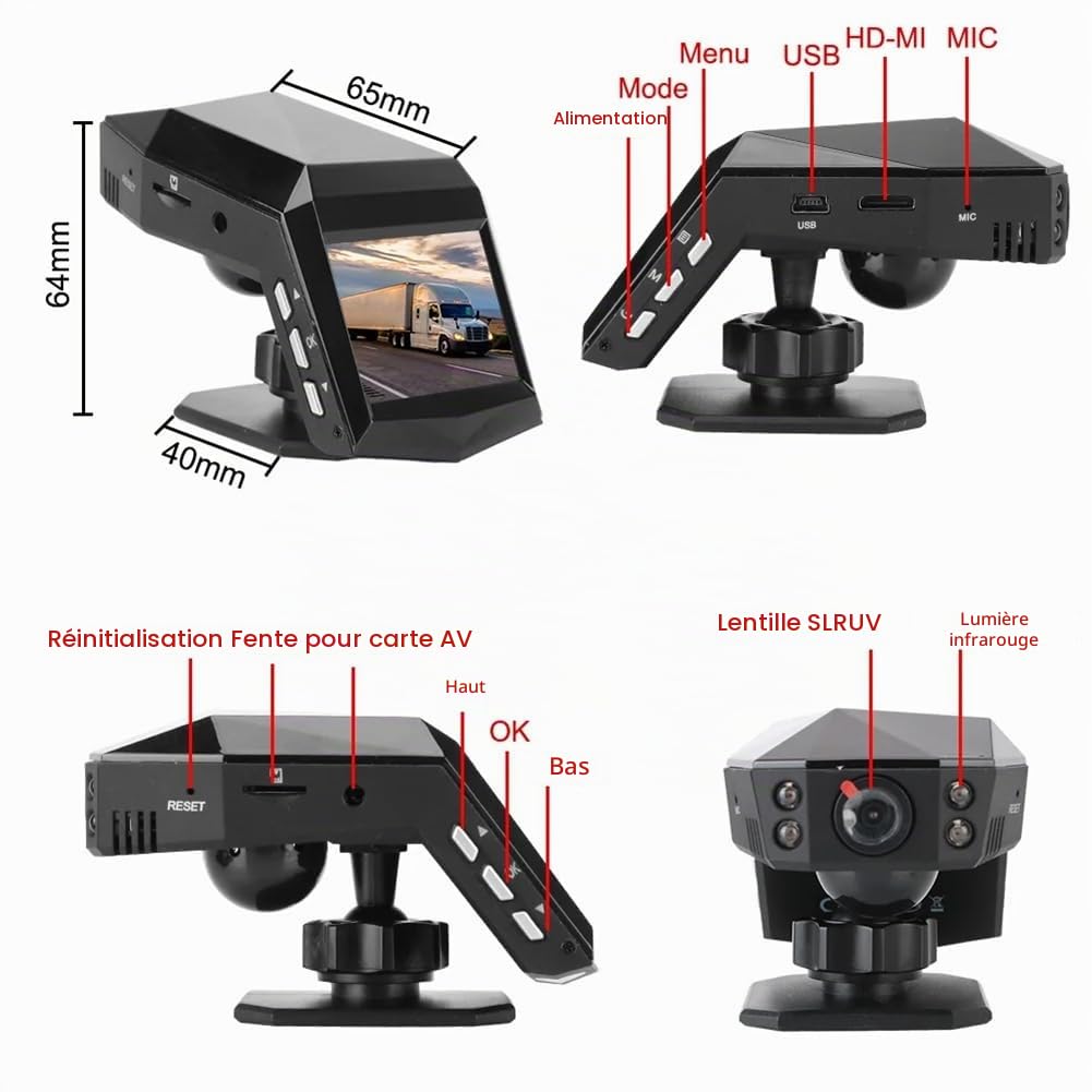 Enregistreur Vidéo de Tableau de Bord de Voiture, Moniteur de Vue DashCam, Écran de 2 Pouces, Grand Angle 1080P (A)