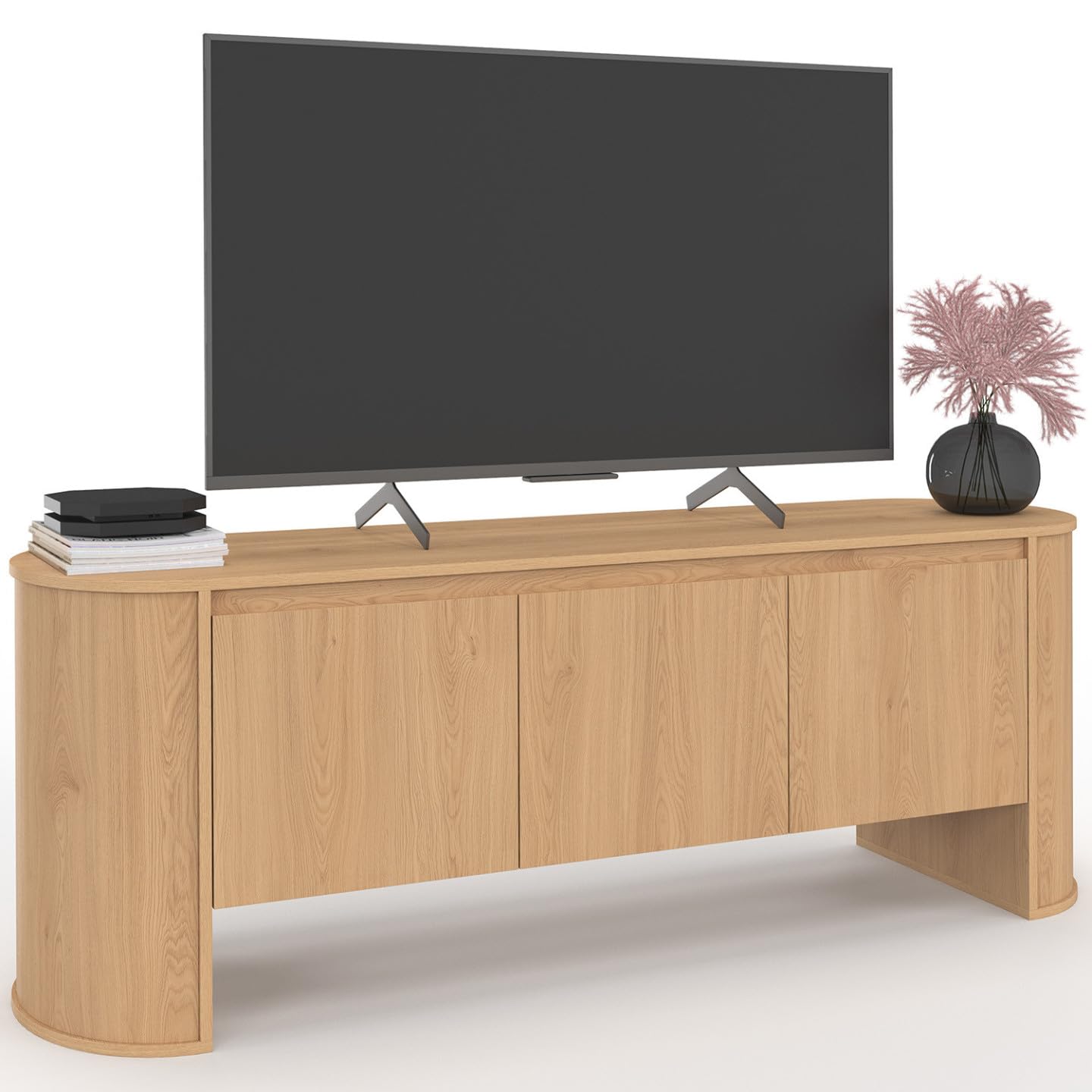 IDMarket - Meuble TV 140 cm DIVIA 3 Portes façon hêtre Design Arrondi