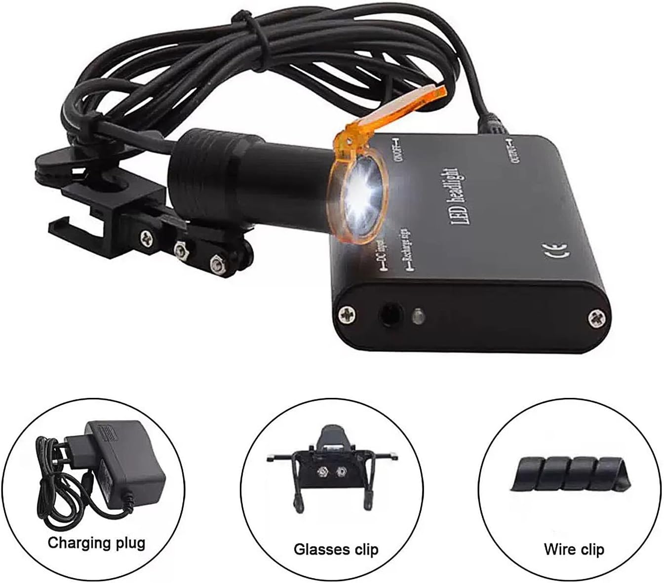 5W Rechargeable Black Dental LED Headlight with Blue-Light Filter — Headlamp for Surgical & Dental Loupes, Universal Glasses Clip + Cable Looper, Aluminum Battery Pack