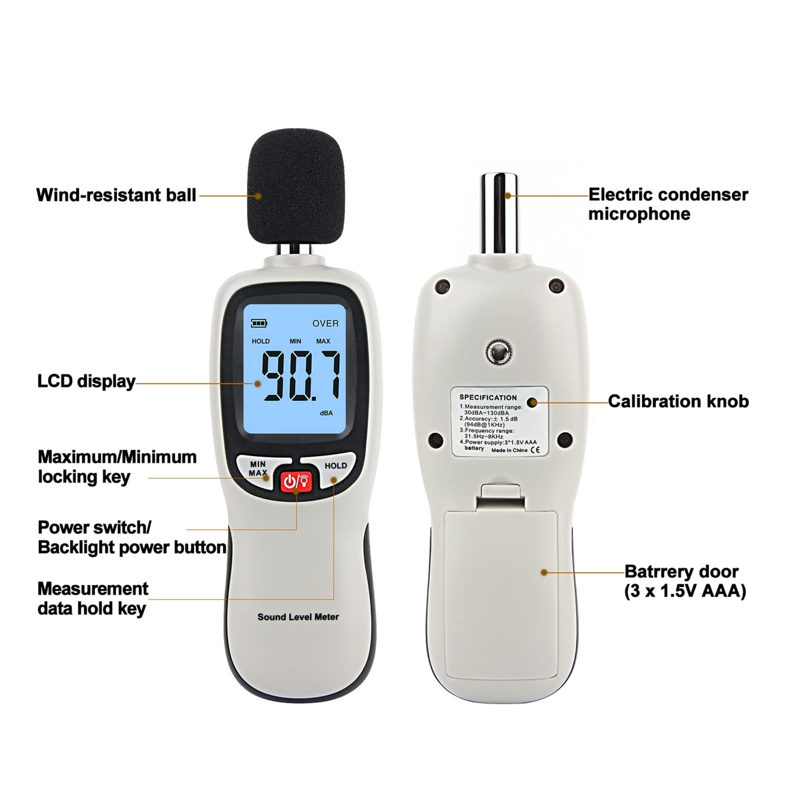 Miernik decybeli hałasu RZ Cyfrowy poziom pomiaru hałasu miernika hałasu db miernik 30~130 dB mini poziomy dźwięku miernik Handheld Monitor decybelowy Szeroki zakres, wysoka dokładność