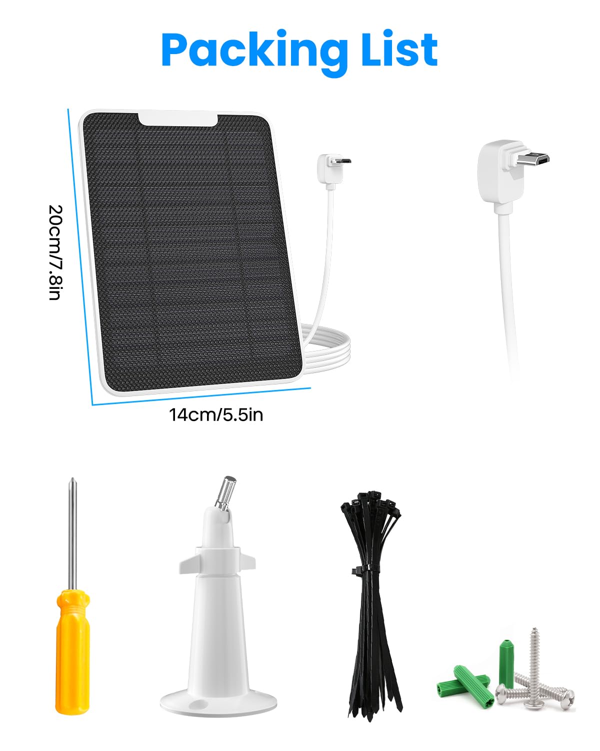Cargador de panel solar Arlo de 5 W compatible con cámara Arlo Essential Spotlight/XL, cargador de panel solar Arlo Essential con cable de carga micro USB impermeable de 10 pies, soporte de pared