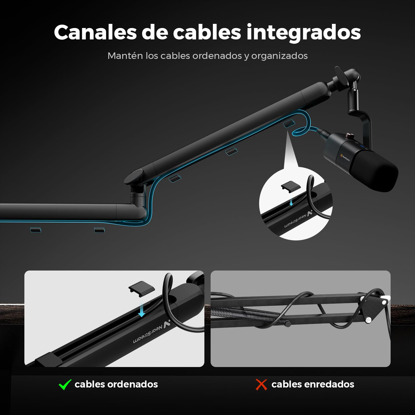 NearStream Soporte Micrófono con 3 Adaptadores (1/4", 3/8", 5/8"), Brazo Ajustable con Gestión de Cables, Elevador 4,5", Fijación Mesa para Podcast/Streaming/Juegos/Oficina (ST20)