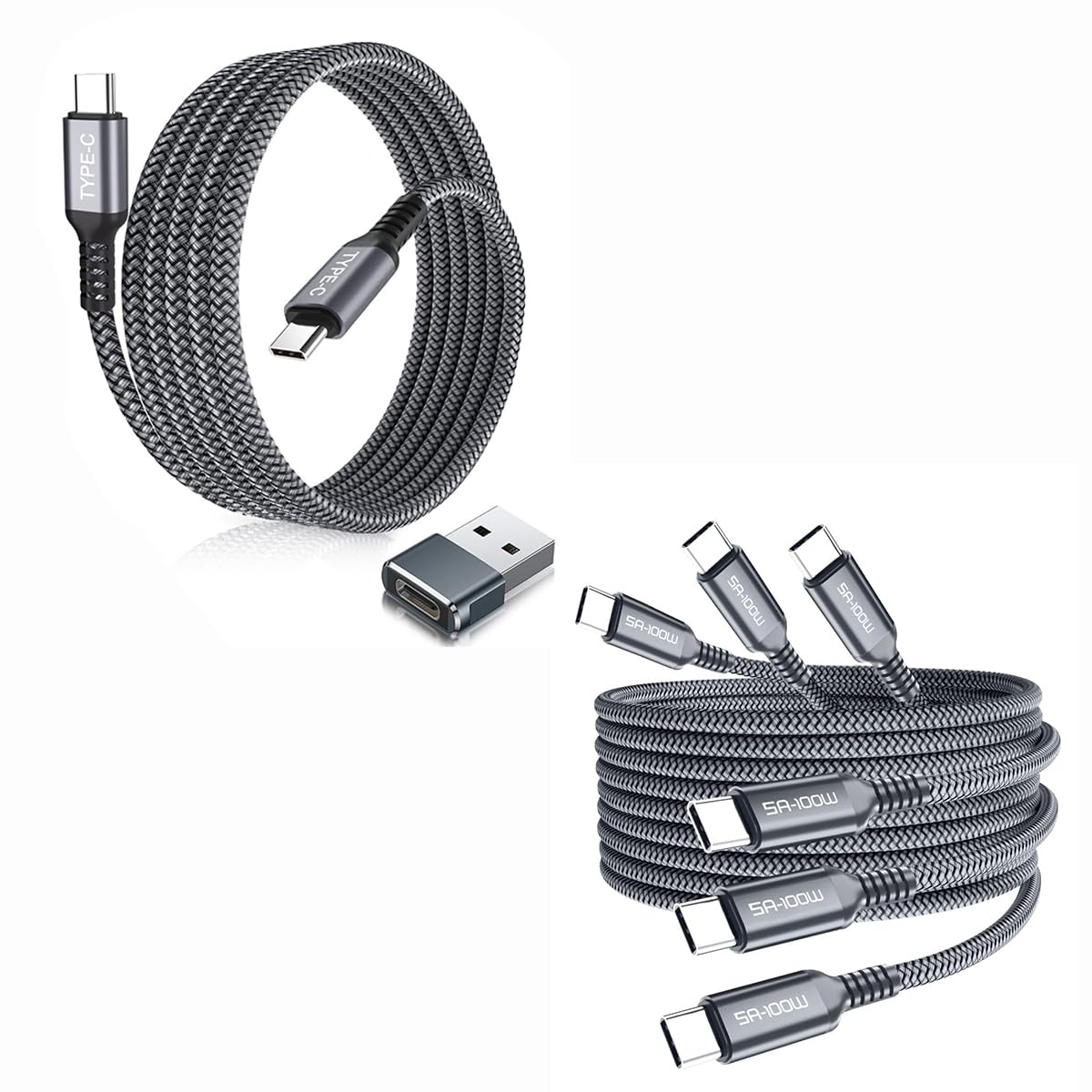 Elebase3 Pack USB C to Type C 100W Cable 3.3/6.6/10FT and USB Type C to C 100W Cable 10FT with USB Adapter for MacBook Pro,iPhone 15,Car Play,iPad 10 Air 4 5 Mini 6,Samsung Galaxy Note S22 S23 S24