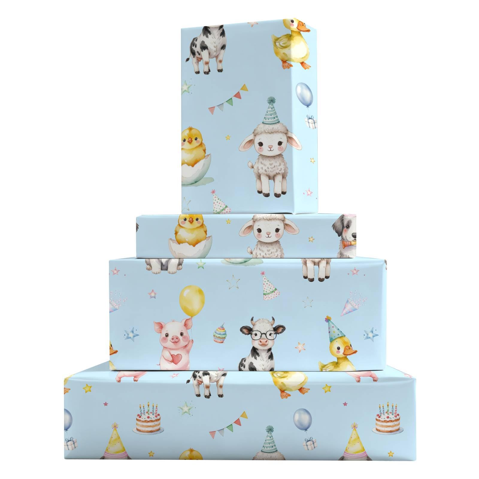 GleeWrap Farm Animals Birthday Wrapping Paper,4 Sheets Watercolour Animal Gift Wrap for Kids Birthday & Baby Shower, 50 x 70cm