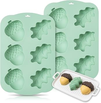 QELEG Silicone Cake Baking Pan, 2 Pack Fall Acorns Maple Leaf Chocolate Mold DIY for Soap Cake Muffin Ice Decoration 2Pcs/6-Cavity