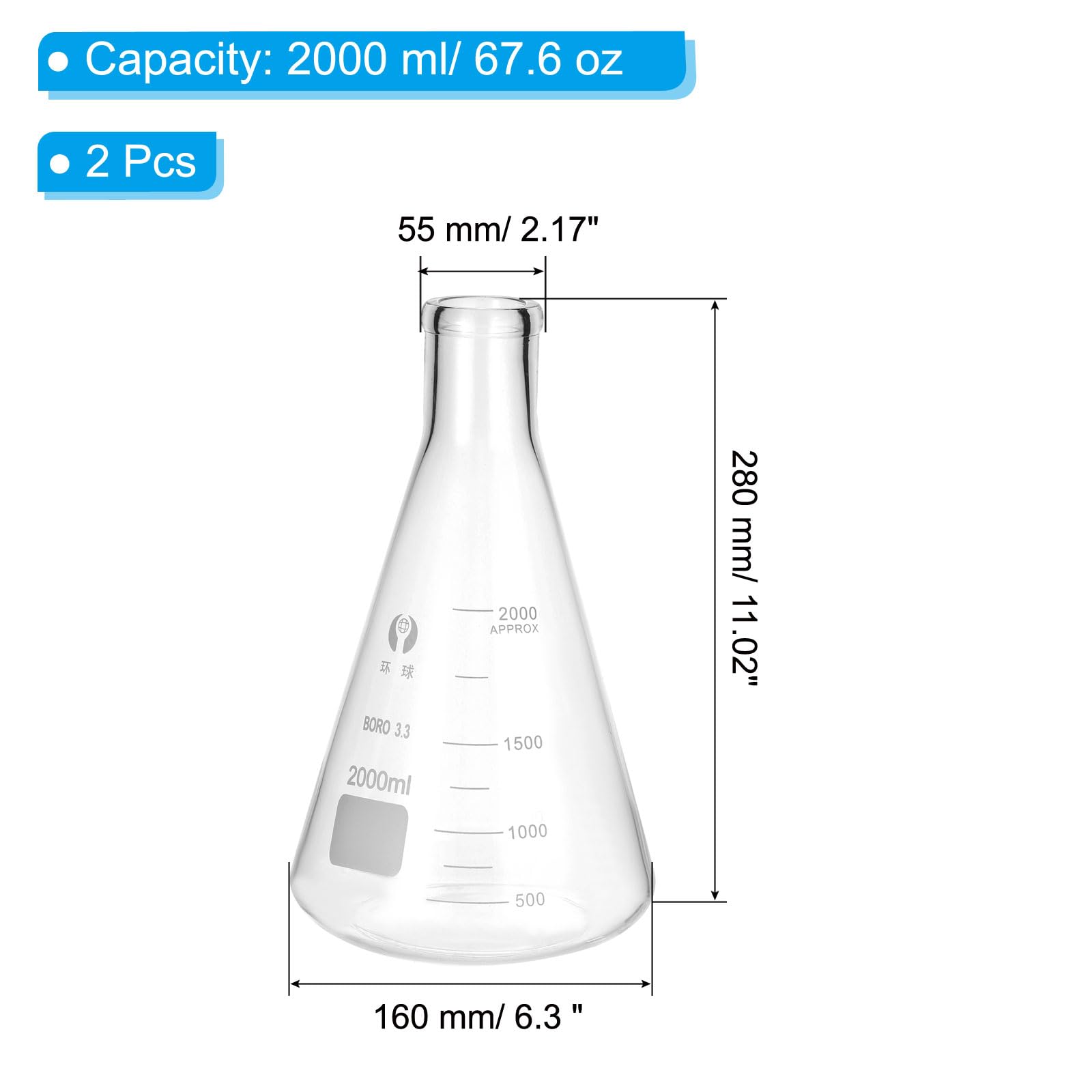 PATIKIL Erlenmeyerkolben 2 Stück 2000ml 67.6oz Schmale Öffnung Messkolben Borosilicatglas Mit Aufgedruckter Skala Für Laborversuche Chemie Wissenschaftliche Studien