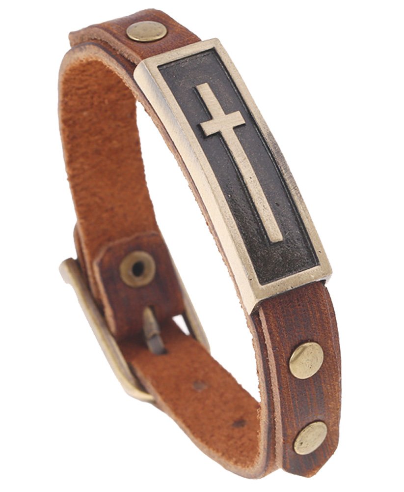 Hamoery Men Punk Alloy Leather Bracelet Cross Bracelet Bangle Wristband