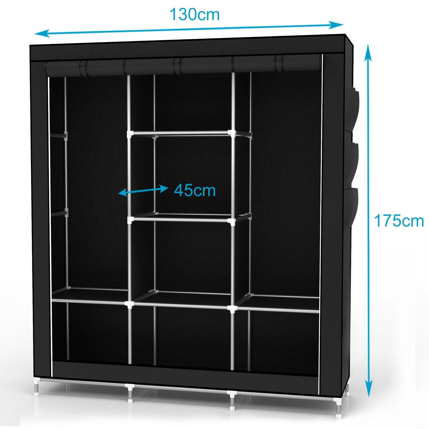 INTIRILIFE Faltschrank 130x175x45 cm in Raben SCHWARZ - mit Reißverschluss Stoffschrank Kleiderschrank mit Kleiderstange, Fächern und Seitentasche - Camping Steckschrank Textil Garderobe