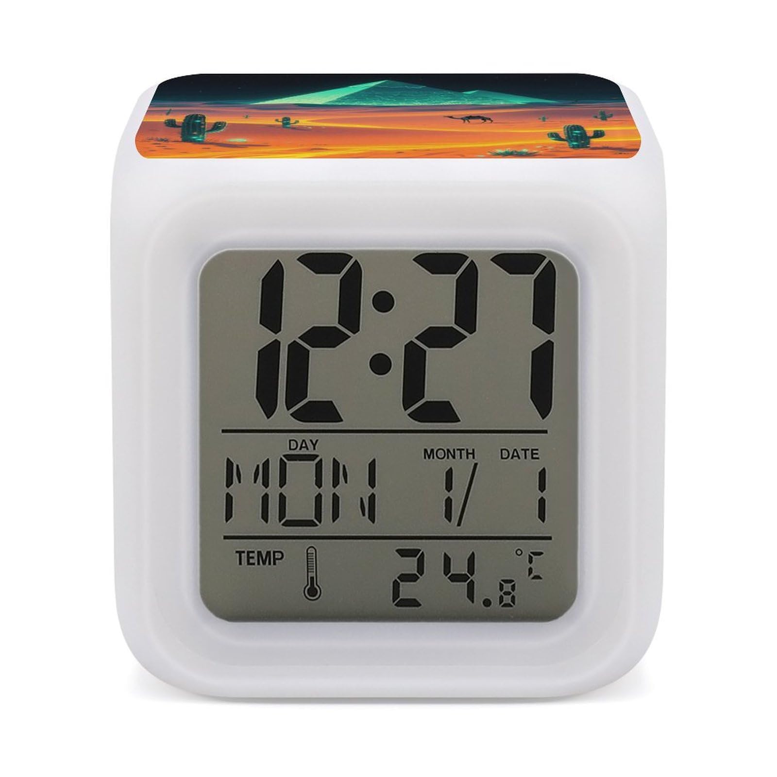 VstaDank Shining Desert Alarm Clock with Date Temperature Large LED Display Number Clocks with 7 Colors Changing Desk Clock Battery Operated Digital Clocks with Date for Heavy Sleepers
