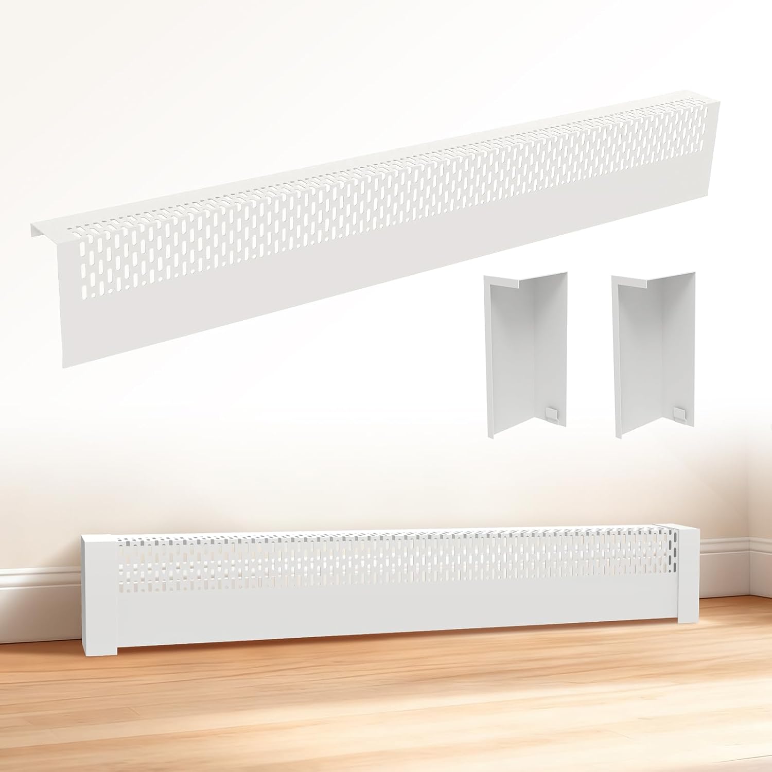 4 FT Baseboard Heater Covers - Ventilated Metal radiator cover with Endcaps, Decorative Baseboard Radiator Cover for Home Remodeling, 48 Inches, White Long-holes
