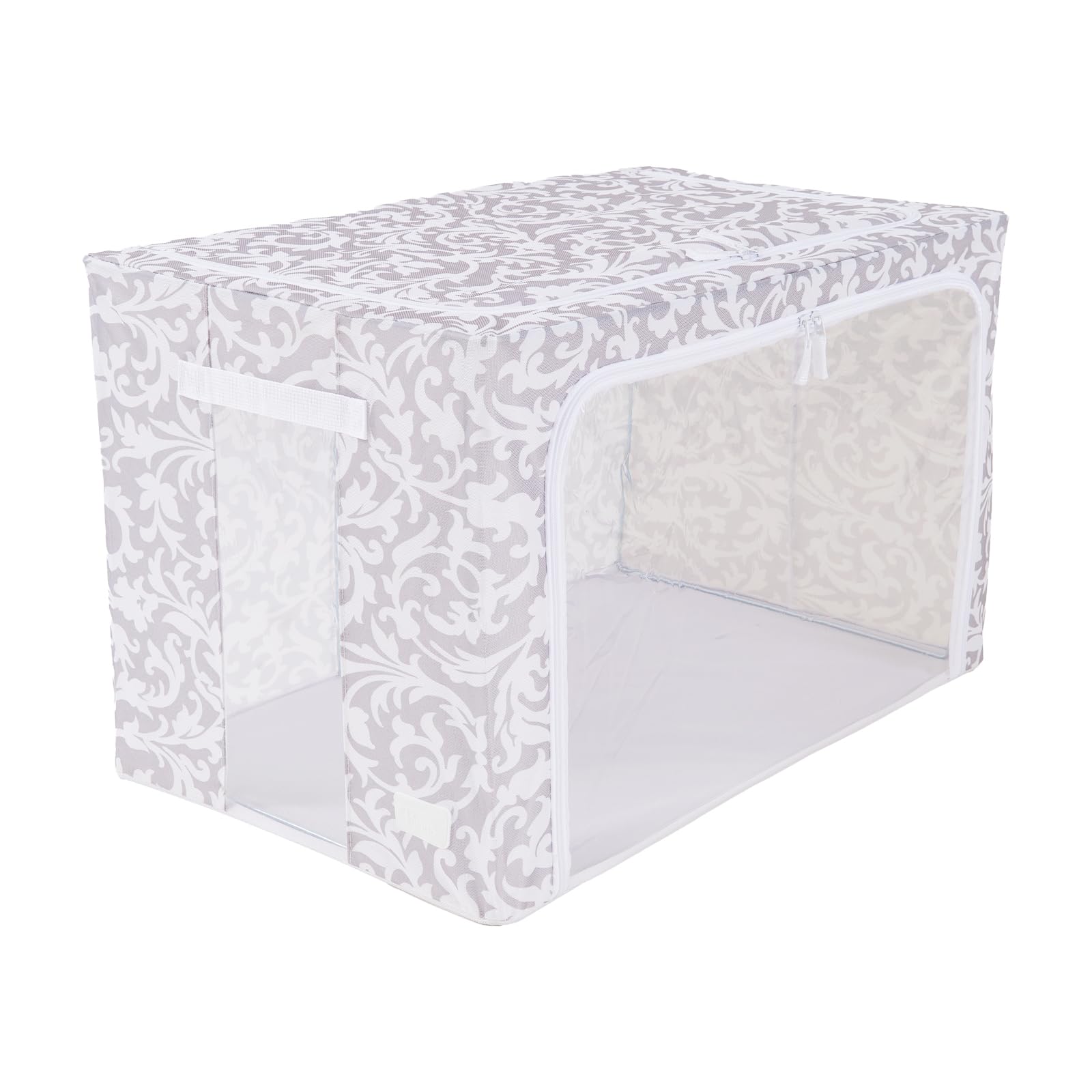 Periea ‘Beau’ Folding Collapsible Stackable Fabric Home Storage Boxes with Steel Frames (Grey Damask, Jumbo)