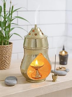 Brass Camphor Aroma Incense Burner Lamp Aroma Lamp Oil Burner Oil Diffuser with Diya (8.5cm x 8.5cm x 16cm)