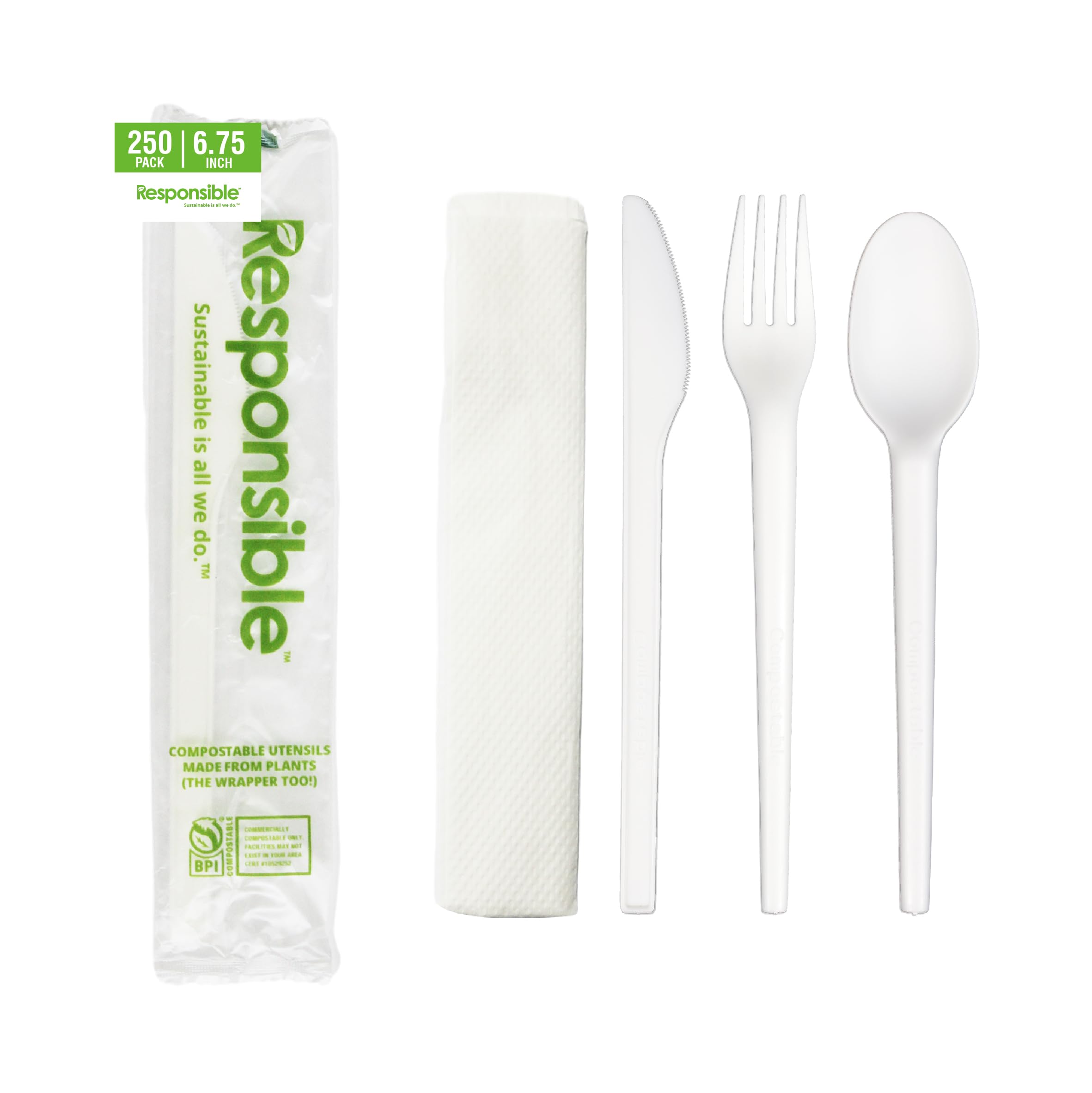 Utensil Cutlery Kits (Fork by Responsible Products – Fork, Knife, Spoon, Napkin (250 Count), Plastic, White, Pack of 250, Model RP-CPLAKIT-250