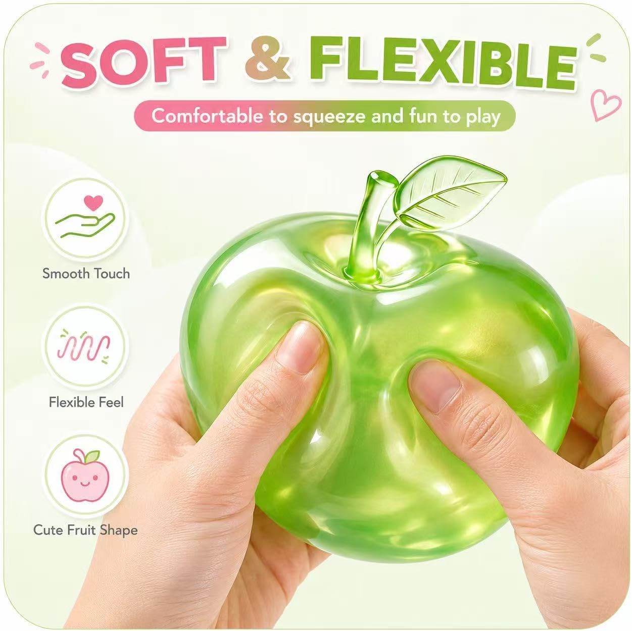 2 Pcs Apple Squishy Toy Pink & Green Slow Rebound Clear Fruit Squeeze Fidget Toy Anxiety Relief Soft Stress Ball Sensory Toy