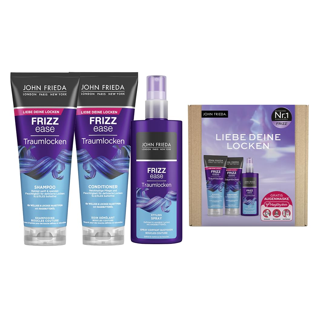 John Frieda Traumlocks zestaw korzyści do kręconych włosów – szampon, odżywka, spray do stylizacji i maska na oczy MegRhythm gratis – do zamachu i włosów – nawilża włosy