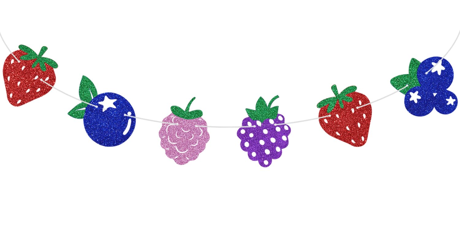 Colorful Glitter Berry Banner, Strawberry Raspberry Blueberry Blackberry Vines Photo Backdrop, Berry Fruit Themed Baby Shower Gender Reveal Party
