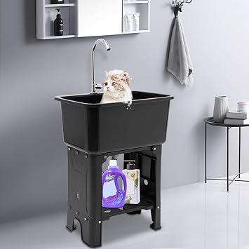 Freestanding Utility Tub,Black Freestanding Utility Sink with 360 Rotatable Faucet,Laundry Sink with Washboard and Storage Shelf,for Laundry Room, Bathroom,Garage (Black 23.62 * 15.75 * 30.12in)